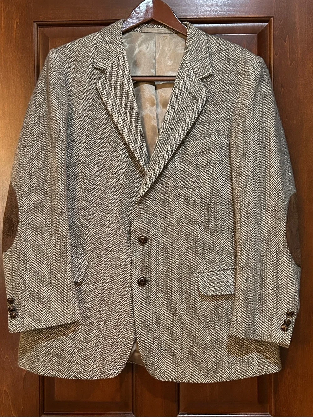 Woolmere 100% Wool Herringbone Sport Coat Elbow Patches Estimated Size 44 46R